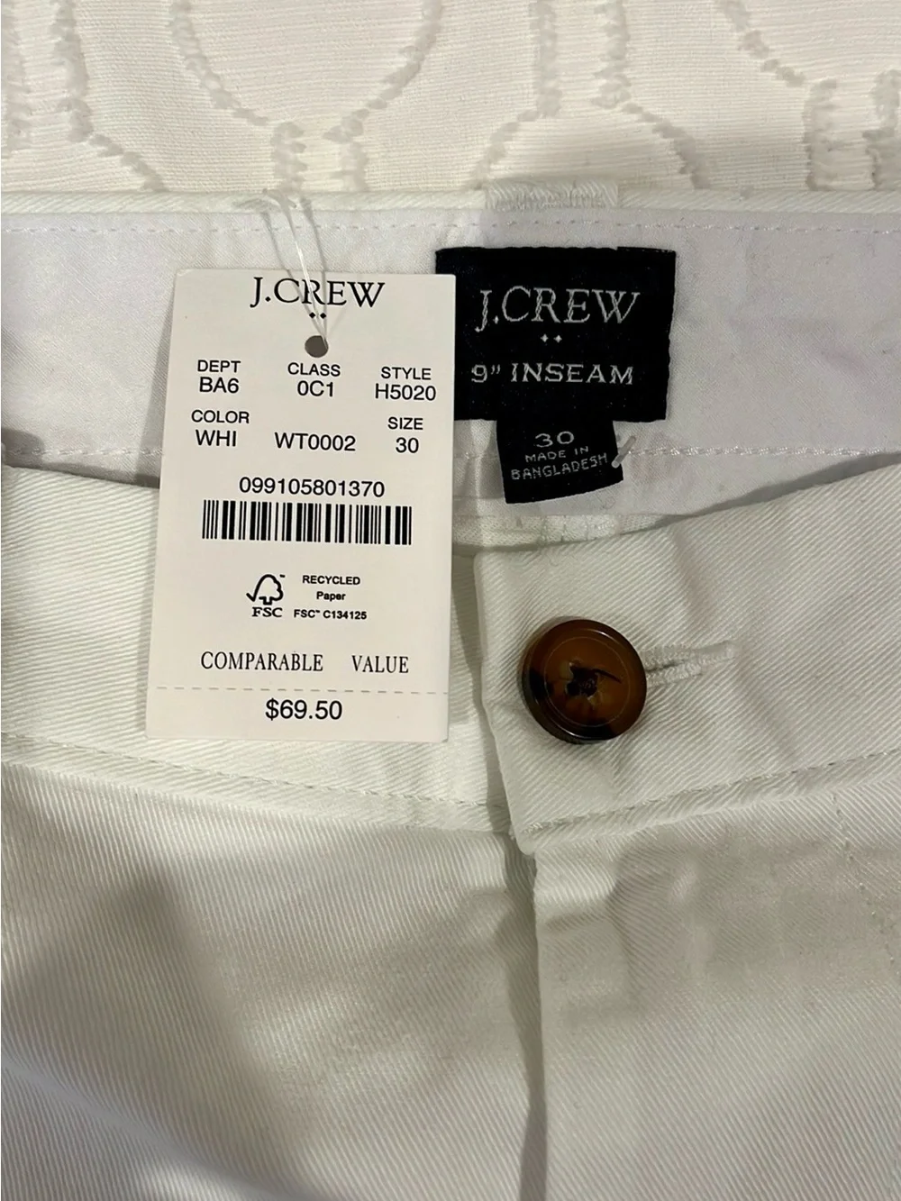 J. Crew Men’s White Flat-Front Chino Shorts